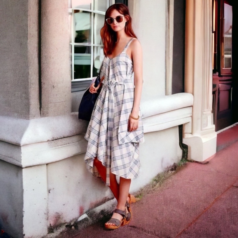 $138 Anthropologie Country Charm Dress Medium / Large 6 8 10 12 Blue White Plaid